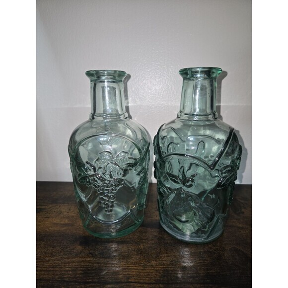 Vintage Canadian Pressed Glass Decanter Fruit Design Aqua Blue 7.5” Set of 2 - Picture 3 of 8